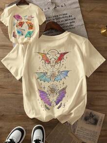 Velaris Fan Pattern T-Shirt, Summer And Spring Short Sleeved Round Neck Casual Top, Women's T-Shirt - 杏色 - 查看 1