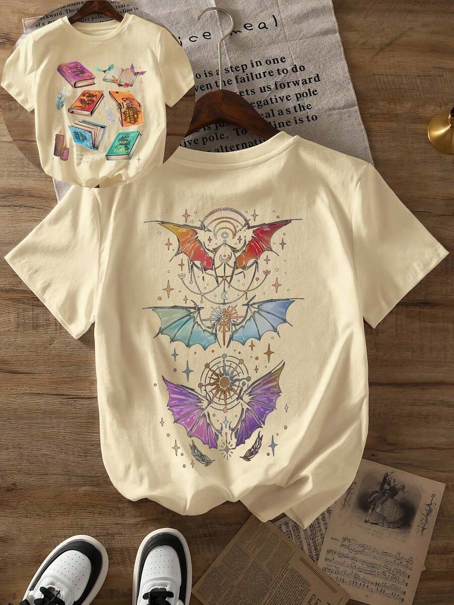 Velaris Fan Pattern T-Shirt, Summer And Spring Short Sleeved Round Neck Casual Top, Women's T-Shirt - 杏色 - 查看 1