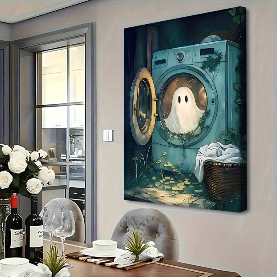Washing Machine Halloween Decorations - Vintage Wood Frame Canvas Poster, Hangable Horror Home Decor For Living Room, Kitchen - Reusable Halloween, Christmas, Mother's Day Gift, Halloween Home Decor, Seasonal Artwork, Whimsical Artwork, Hangable Artwork, 2D Flat Print Poster, Frameless Painting