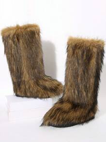 2025Cute Niche Harajuku Furry Boots, Warm Tall Boots, Mid-Calf Winter Snow Boots For Women - Gold - View 6
