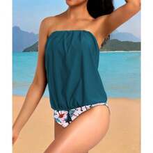 Women 2 Piece Bandeau Tankini Bottom For Tummy Control Stylish Loose Blouson Top Paired With Summer Beachwear - 藍色粉紅色花卉 - 查看 4