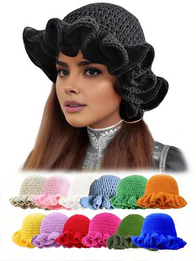 1顶女士时尚针织帽，手工钩编波浪荷叶边帽，休闲Y2K针织帽，最适合搭配比基尼的沙滩帽