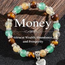 1pc 8mm Single Wrap Tiger Eye Stone, Green Agate, White Diamond Circle Bracelet For Women, Yellow Crystal Engraved Heart Bracelet
