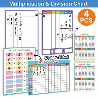 4 piezas Juguetes educativos tempranos para niños Rompecabezas Tabla de multiplicación y división en inglés Tablero de escritura borrable Tablero A4 Tabla de multiplicación y división Ayudas de aprendizaje y enseñanza (Los colores de los accesorios se envían al azar)