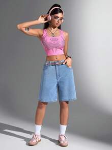 Jeanoix 高腰阔腿牛仔短裤，妈妈短裤 - 淺色水洗藍 - 查看 6