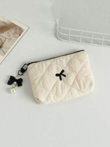 1 Piece Cute Ruffled Square Coin Purse With Bow Pattern Mini Lipstick Organizer Bag With Detachable Bow Pendant Portable Cosmetics Bag With Zipper Women's Makeup Storage Bag Soft Fabric Sanitary Napkin Organizer Bag Fashionable Clutch Pouch Wallet Small Items Storage Bag For Key, Earphone, Coin, Lipstick, Lip Oil, Card, Girls'Accessories College Vacation Cruise Summer Holiday Essentials Organizer Bag