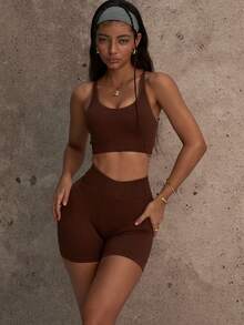 PinkTip Solid Color Convertible Cropped Top And High Waist Pants Set, Criss-Cross Back Design, Tummy Control And Butt Lifting, Four-Way Stretch Moisture-Wicking Fabric, Essential For Fitness, Yoga And Streetwear - 咖啡棕 - 查看 4