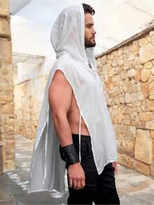 Playera de Corte Holgado Sin Mangas con Gorro y Aberturas Laterales para Hombre - Blanco - Ver 2