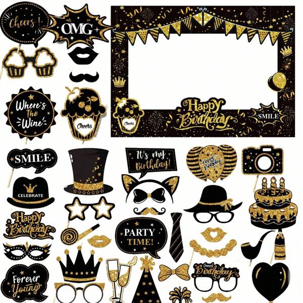 39pcs Glitter Birthday Frame Photobooth Prop For Men Women Birthday Party Decoration