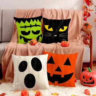 4 st. retro Halloween-karaktärsuttryck kuddfodral - 18 x 18 tum färgglada rustika Halloween-linjekuddfodral för soffa, soffadekoration i semesterhuset