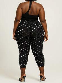 Women Dot Print Capri Pants, Elastic High Waist Cropped Leggings For Work, Yoga, Daily Wear - 黑色 - 查看 6
