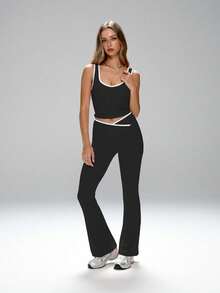 FWH 2 Stücke Sportset, bestehend aus: Abnehmbarer gepolsterter Sport-BH + Hoch taillierte Schlaghose mit verstellbarem Bund, Sport-BH mit Kreuzgurt-Front und abnehmbaren Cups + Po-hebende Schlaghose, 4-Wege-Stretchstoff, modisches Yoga-Outfit, 2-teiliges Set für Damen - Schwarz - Übersicht 6