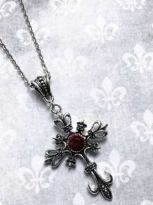1 Stück Gothic Europäischer Retro Rubin Kreuz Anhänger Halskette, Geschenk für Freunde