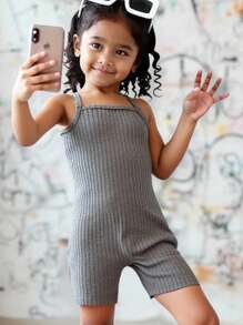 3 Stücke/Set einfarbiger gerippter Träger Jumpsuit Set für Kleine Mädchen