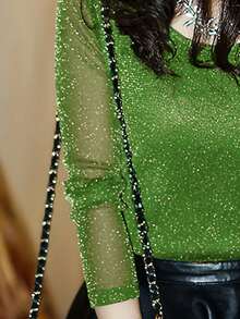 2025秋冬新款女式长袖T恤，百搭修身金属网纱蕾丝叠穿上衣，休闲春季款 - 綠色 - 查看 6