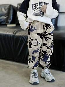 1pc Young Boy Cuffed Cargo Pants, Camouflage Casual Workwear Trousers - Khaki - View 5