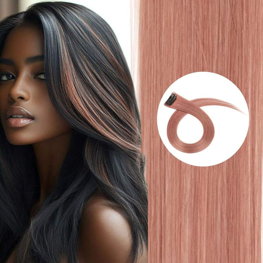 100% Human Hair Clip-In Underlights - Colored Hair Extensions Highlights Streaks (Pink, Blue, Purple, Green, Silver) - Heat Friendly, Remy Quality, Invisible Clips, Easy To Apply - 藕粉色 - 查看 1