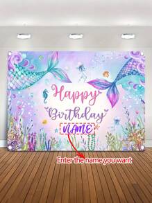 1pc Customizable Name Personalized Underwater Park Birthday Party Backdrop, Purple Mermaid Tail Polyester Banner, No Electricity Required, Indoor And Outdoor Decor, Mermaid Themed Celebration, Photo Booth Photography Backdrops, Home Decor, , Three Sizes Available