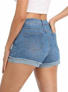 Pantaloni scurti din denim casual, eleganti, cu buzunar frontal cu nasturi