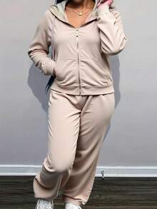 Conjunto  Compuesto Por Sudadera Con Capucha Y Cierre Y Pantalones Deportivo - Caqui - Ver 1