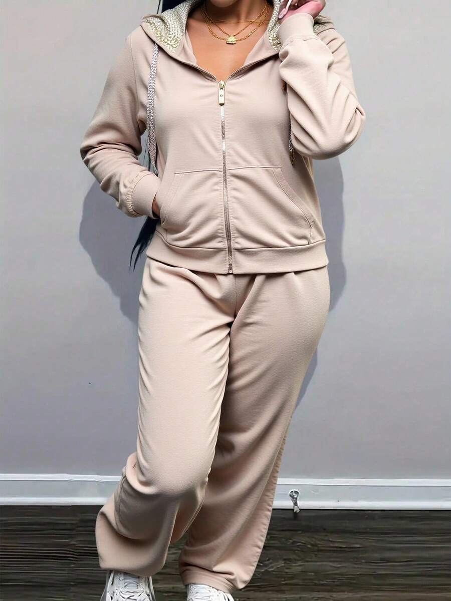 Conjunto  Compuesto Por Sudadera Con Capucha Y Cierre Y Pantalones Deportivo - Caqui - Ver 1