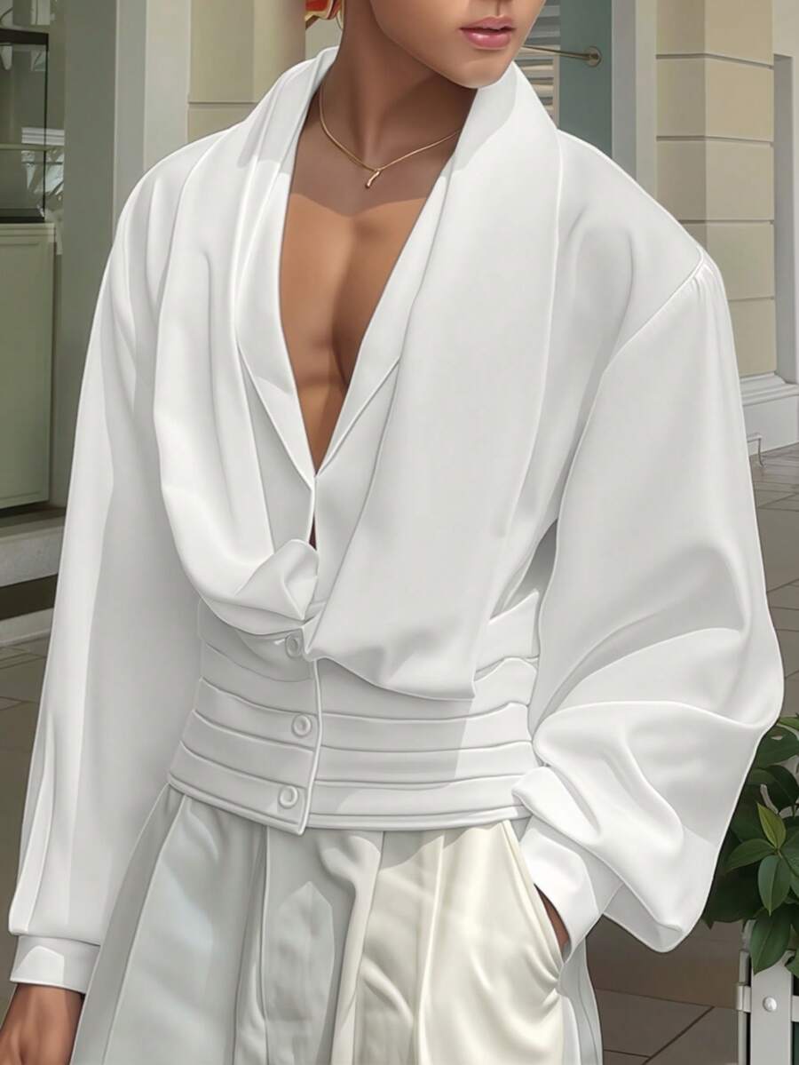 INCERUN Men Cowl Neck Buttons Puff Long Sleeve Pleated Party Casual Loose Blouse Office Work Solid Shirt Tops - trắng - Xem 1