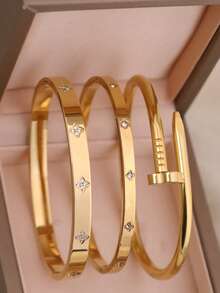 3条/1条18K镀金不锈钢四叶草手链，适合女士派对及日常佩戴，欧美风格，个性化定制，大方奢华，镶嵌立方氧化锆手镯，婚礼首饰套装，送给女孩、女士、亲戚、朋友的礼物，精致的婚礼、生日、情人节礼物 - 四葉草款式 - 查看 14