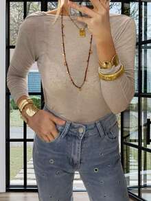 Women's Backless Tops Stylish Solid Boat Neck Long Sleeve Blouse For All Seasons - Khaki - View 5