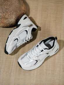 Giày thể thao thường ngày cỡ lớn mọi mùa, giày đế xuồng đế dày, giày thể thao chunky, da và lưới vá, thoáng khí, đa năng, giày cặp đôi thời trang, giày chạy bộ thể thao ngoài trời - màu đen - Xem 4