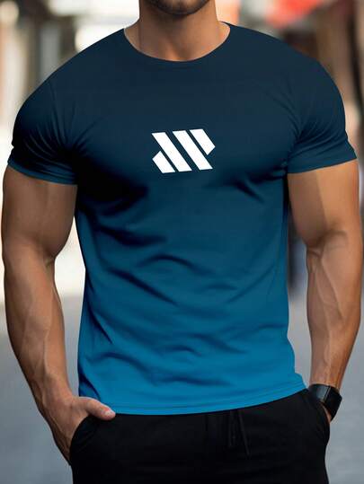 男士时尚圆领短袖运动T恤百搭舒适T恤夏春运动风服装渐变图案健身房健身服