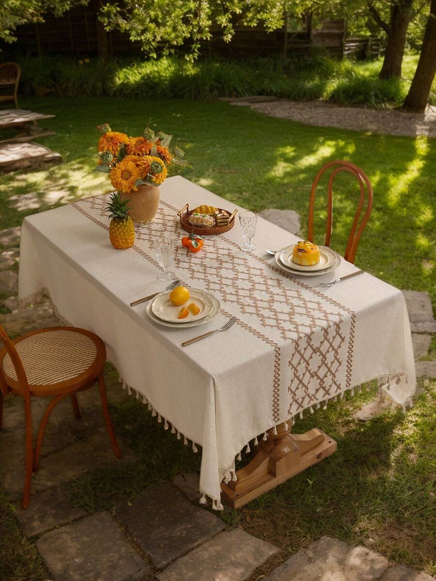 1 pieza Mantel rectangular de lino grueso con bordado y flecos, estilo bohemio, adecuado para sala de estar, dormitorio, cocina, mesa de café, mueble de TV, tela decorativa con borde floral para boda, fiesta, cumpleaños, mesa de comedor, decoración del hogar