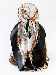 1 件 90 厘米女士复古印花真丝围巾、围脖、头巾，适合户外、海滩、头巾、春夏季