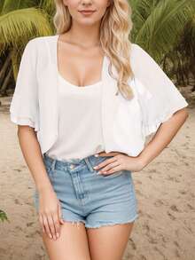 tooluck Women's Cardigan Bolero Shrug Ruffle Short Sleeve Open Front Loose Sheer Jackets For Tops White - 白色 - 查看 1