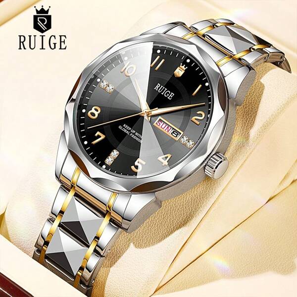 RUIG RUIGE Men's Business Quartz Watch With High-Quality Stainless Steel Strap, Day-Date Display, A Stylish Timepiece For Men