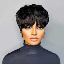 Short Bob Wig For  Pixie Cut Wigs  Glueless Wig None Lace Front Wig With Bangs Natural Black Straight Full Machine Made Short Layered For Daily Use - Black - View 2