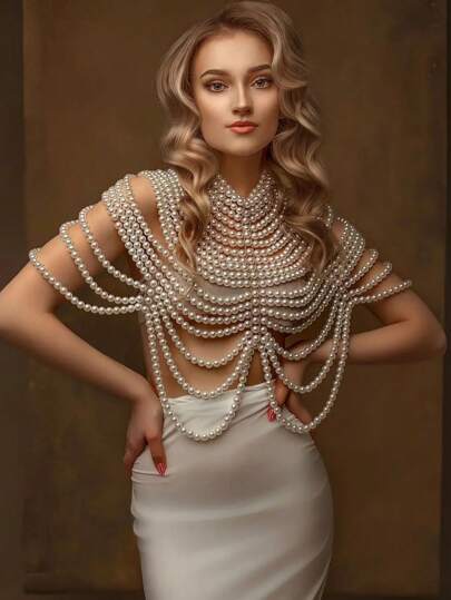 1Pc Just Gorgeous Party Wear Top Women's Heavy Faux Pearl Body Chain Handmade Beaded Top Vintage Style Elegant Gorgeous Multi-Layered Beaded Necklace Medieval Style Premium Sense Bridal Shawl