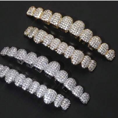 Hip-Hop Rhinestone Grills, Teeth Set Men Women Hip Hop Teeth Grills Iced Out Punk Men Women Teeth Decoration, Grills, Hip-Hop Teeth Costume, Teeth Decoration, Costume, Hip-Hop Trendsetter's Gold Teeth Style, Teeth Decoration Accessories, Hip-Hop Style Grills, Suitable For Parties, Role-Playing, Halloween, Christmas Party Costume Props
