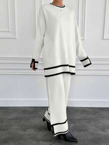 مجموعة كنزة صوفية وبنطلون بأكمام طويلة وياقة مستديرة ذات لونين متباينين، خريف/شتاء، 2 قطعة