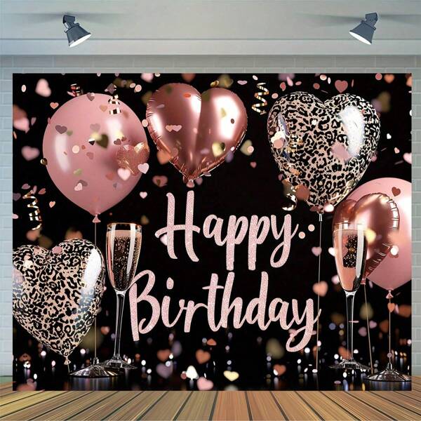 1 Tela de fondo feliz de cumpleaños de color oro rosa para fiesta de fiesta, estampado de Leopardo con forma de corazón, decoración de papel de champán, oro de rosa, fondo fotográfico, accesorios de fotografía, interior y exterior