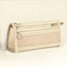 Estuche de lápices con malla a cuadros Morandini, con asa y cremallera, estuche de lápices de doble capa transparente, bolsa de cosméticos de viaje, bolsa de almacenamiento de papelería transparente linda, adecuada para adultos, oficina, universidad, útiles escolares, de vuelta a la escuela