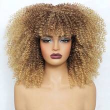 Short Hair Afro Kinky Curly Wigs With Bangs African Synthetic Ombre Glueless Cosplay Wigs For Women High Temperature