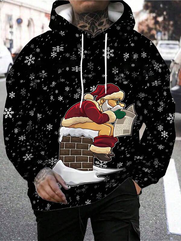 Sudadera con capucha casual de manga larga con estampado 3D de Papá Noel y copos de nieve para hombres