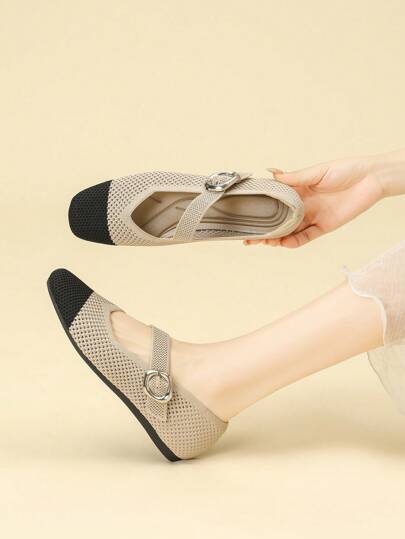 Sapatilhas Mary Jane de Princesa para Mulheres, Bico Quadrado, Cor Sólida, Cinta com Fivela de Couro, Sola Macia Sapatos Casuais