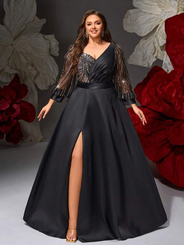VIPGIRL Black Plus Size V-Neck Long Sleeve Sequin Patchwork Evening Dress With Slit, Elegant A-Line Formal Gown For Gala, Wedding Guest, Bridesmaid, Prom, Pageant, Banquet, Cocktail Party