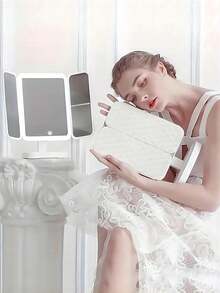 1pc  LED Makeup Mirror, Folding Vanity Mirror With Stand & 3 Color Lighting, Lighted Mirror With Touch Screen Dimming For Cosmetic, Women Gift(White/Pink) - 彩色 - 查看 5