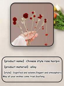 1个中国风发夹，女士高端发髻造型发饰，天鹅绒玫瑰装饰优雅发髻夹，适合日常佩戴、拍照、派对、情人节、返校穿搭，传统中国风发饰，端庄优雅，发髻延长器，发髻假发，发髻造型器，发夹，发卡，发饰，学习用品，发卡，头部饰品