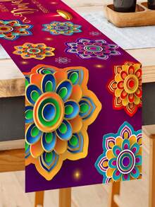 1pc Happy Diwali Table Decor, Purple Diwali Table Cloth, 180x35cm Polyester Table Decoration, Festival Party Decorations, Home Decor - Multicolor - View 6