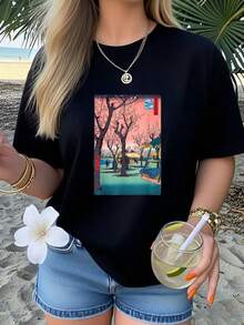 Japanese Cherry Vintage Blossom Japanese Woodblock Art Print T-Shirt         Graphic Tees Women Crop Tops Summer Outfits For Women Summer Tops T-Shirt