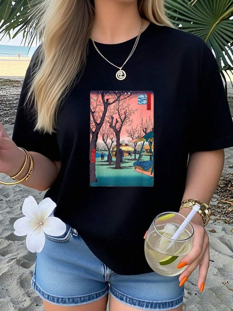 Japanese Cherry Vintage Blossom Japanese Woodblock Art Print T-Shirt         Graphic Tees Women Crop Tops Summer Outfits For Women Summer Tops T-Shirt
