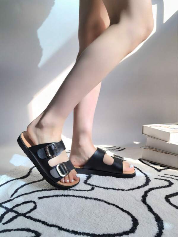 carewill 1 Pair Black Casual Fashionable Beach Retro Outdoor PU Leather Buckle Slip-On Slides Sandals